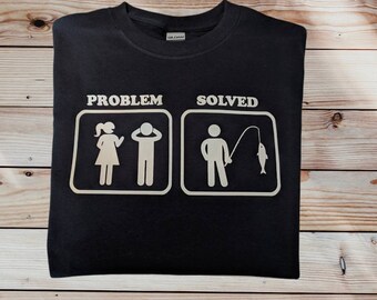 Adult Men's Unisex Size Small - Black Gildan 100% Cotton T-Shirt - Go Fishing! Problem Solved - FREE SHIPPING!