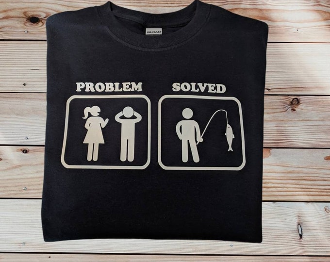 Adult Men's Unisex Size Small - Black Gildan 100% Cotton T-Shirt - Go Fishing! Problem Solved - FREE SHIPPING!