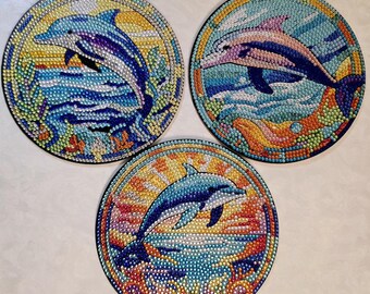 Gorgeous Dolphins Diamond Art Small Placemat Coaster Set of 3- Gift Set of 3 Diamond Painting Bling Coaster Placemats - FREE SHIPPING!
