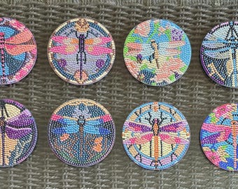 Dragonfly Diamond Art Coasters Set of 8 – Handmade Beaded Drink Coasters – Colorful Dragonfly Decor – Unique Gift – Table Decor