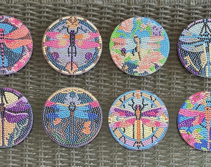 Dragonfly Diamond Art Coasters Set of 8 – Handmade Beaded Drink Coasters – Colorful Dragonfly Decor – Unique Gift – Table Decor