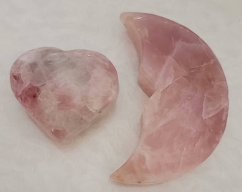 Beautiful Large Rose Quartz Set - 5" Moon Paperweight 3" Heart - Spiritual Healing Crystals & Gemstones - Free Shipping + Free Gift