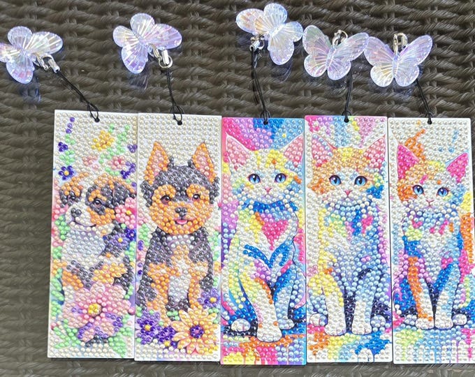 Diamond Art Bookmark Set of 5 | Cat and Dog Bookmarks | Handmade Rhinestone Bookmarks | Cute Animal Gift | Book Lover Gift Set