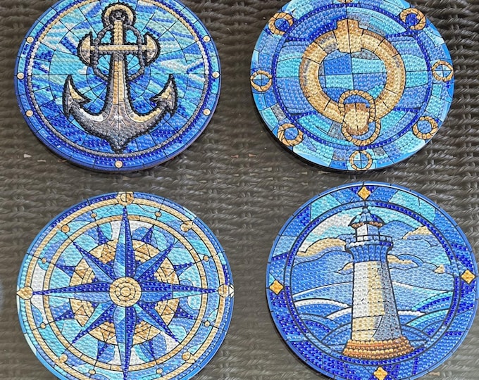 Set of 4 Nautical Diamond Art Placemat Coasters - Blue Bling Coastal - Ocean Beach House Decor - Anchor, Lighthouse, Compass, and Life Ring
