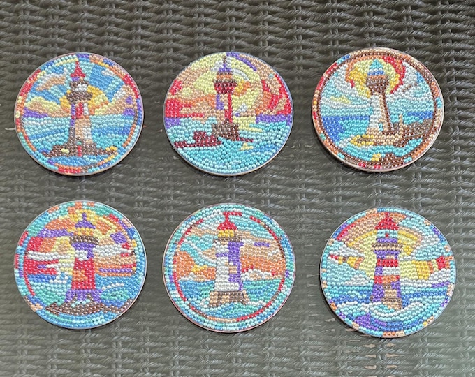 Diamond Art Lighthouse Coasters Set of 6 | Handmade Rhinestone Drink Coasters | Coastal Decor | Beach House Gift