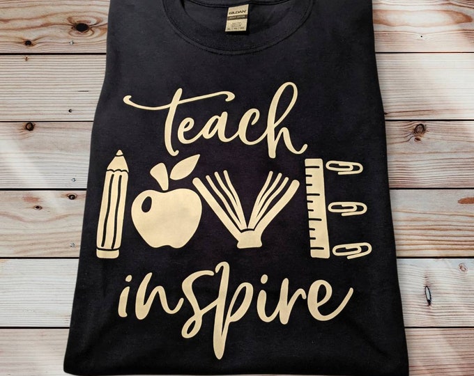 Comfortable Extra Large (XL) Navy Blue 100% Cotton T-Shirt - Teacher Teaching Love Inspire Pencil Apple Book Ruler Paper Clips Free Shipping
