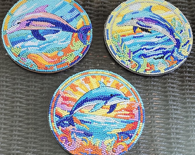 Set of 3 Dolphin Diamond Art Coaster Placemats – Coastal Beach Home Vacation rental Decor