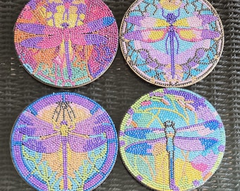 Dragonfly Diamond Art Placemats Set of 4 – Handmade Beaded Table Decor – Colorful Dragonfly Table Mats – Unique Gift – Home Decor
