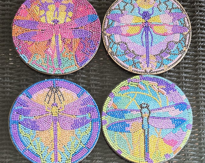 Dragonfly Diamond Art Placemats Set of 4 – Handmade Beaded Table Decor – Colorful Dragonfly Table Mats – Unique Gift – Home Decor