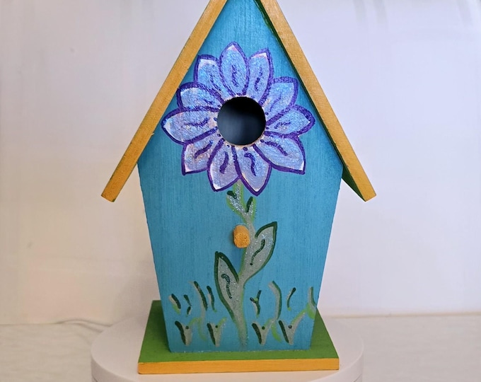 Floral Birdhouse – Hand Painted Flower Bird House – Peaceful Garden Decor – Cottage Style Yard Art – Unique Gift – One of a Kind