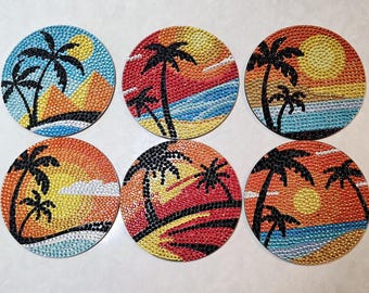 Beautiful Beach Vibe Palm Tree Sunshine Diamond Art Coaster Set of 6- Gift Set of 6 Diamond Painting Bling Coasters
