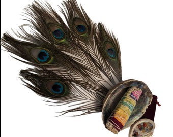 Smudging Bundle Kit Abalone shell, mixed natural stones, small pouch, chakra rose petals white sage, 5 peacock feathers - FREE SHIPPING!