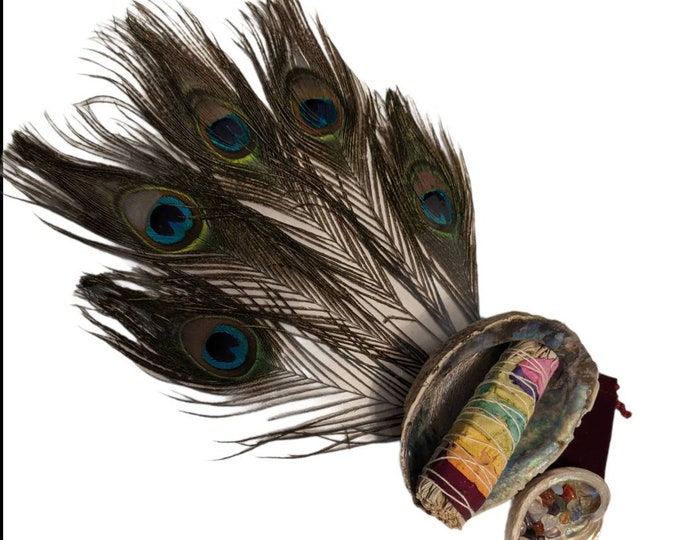 Sage Smudging Kit – Abalone Shell, White Sage, Feather & Crystals – Energy Cleansing Bundle – Spiritual Gift Set – Free Shipping