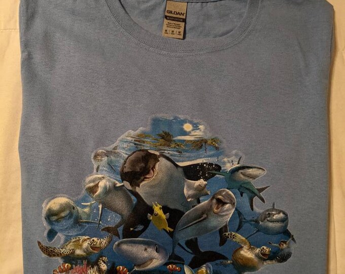 Women's Medium Light Blue Gildan Heavy Cotton T-Shirt - Dolphins Turtles Shark Fish Ocean Beach Sea Marine