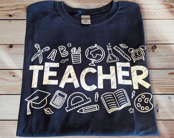 Comfortable Adult Unisex Medium 100% Cotton Navy Blue T-shirt - TEACHER - Free Shipping