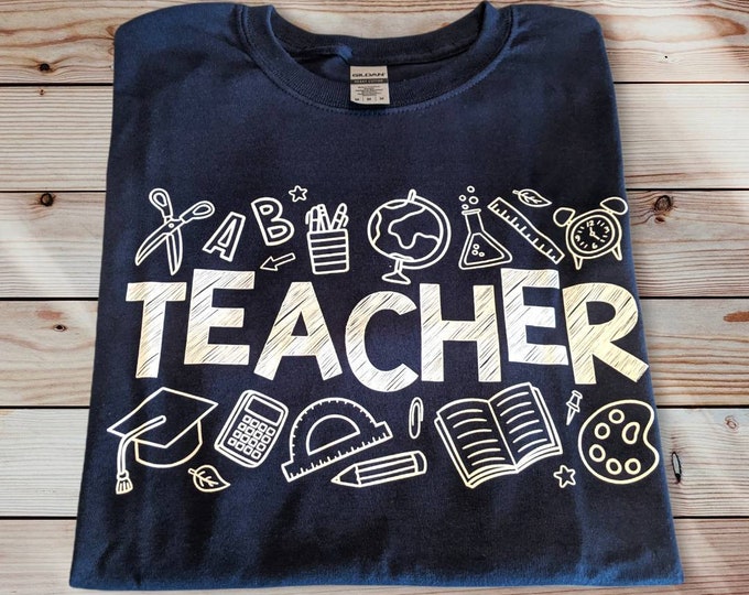 Comfortable Adult Unisex Medium 100% Cotton Navy Blue T-shirt - TEACHER - Free Shipping