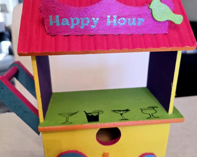 Happy Hour Birdhouse – Hand Painted Bar Cart Bird House – Funny Outdoor Garden Decor – Colorful Patio Decor – Unique Gift