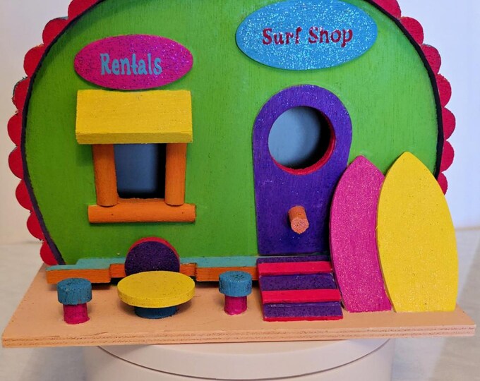 Beach Camper Birdhouse – Surf Shop Bird House – Hand Painted Coastal Decor – Tropical Island Yard Art – Unique Gift – One of a Kind