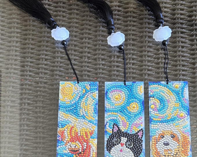 Set of 3 Diamond Painting Animal Bookmarks – Cat, Dog, Cow Rhinestone Art – Library Nook Book Reader Gift