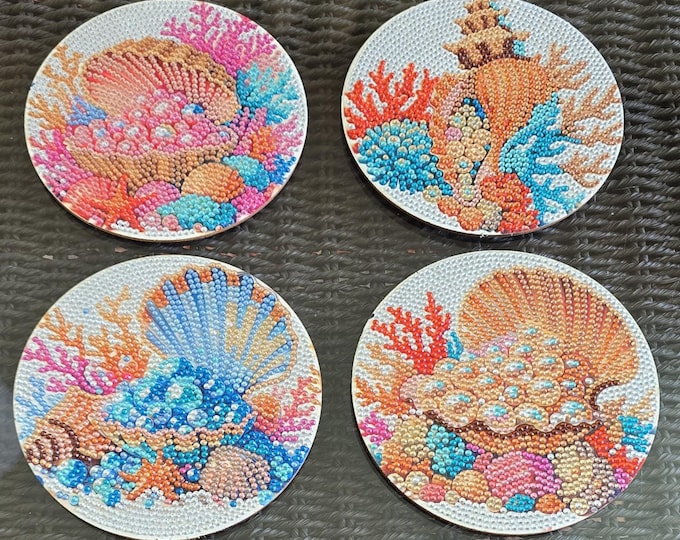 Seashell Diamond Art Coasters Set of 4 | Coastal Placemats | Beach House Decor | Handmade Ocean Coasters | Seashell Table Decor
