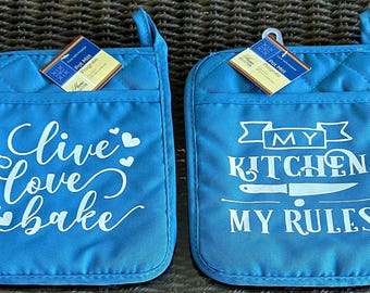 Funny Oven Mitt & Pot Holder Set – My Kitchen My Rules – Live Love Bake – Gift for Bakers, Kitchen Decor, Housewarming Gift