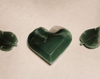 Beautiful Large Green Aventurine Set - 5" Heart Paperweight 2 Leaves 3" - Spiritual Healing Crystals & Gemstones - Free Shipping + Free Gift