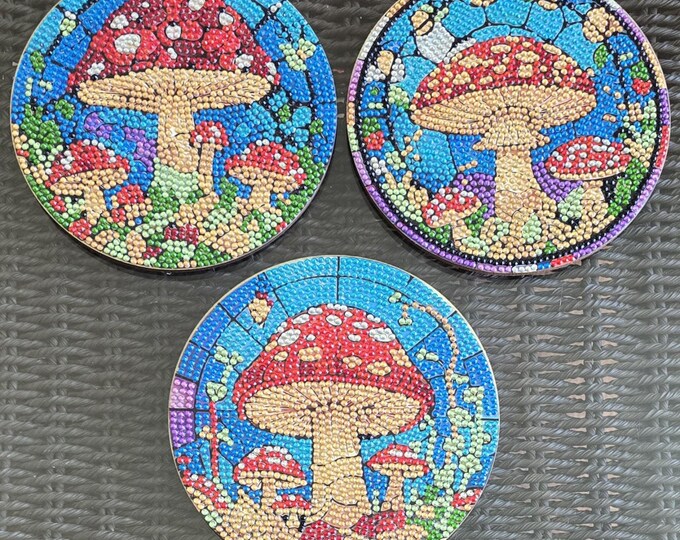 Mushroom Diamond Art Coasters Set of 3 | Cottagecore Placemats | Boho Table Decor | Handmade Sparkly Coasters | Whimsical Home Decor