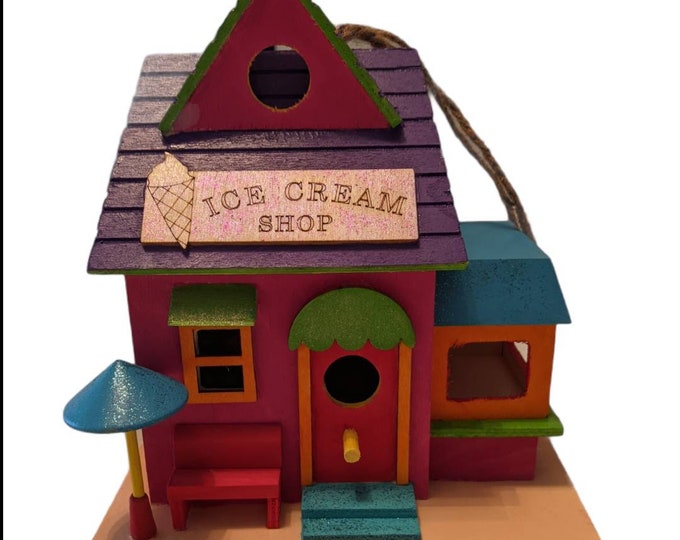 Ice Cream Shop Birdhouse – Hand Painted Beach Decor – Colorful Coastal Yard Art – Bird House – Unique Gift – One of a Kind