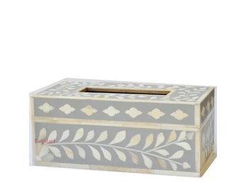Bone Inlay Floral Tissue Box Holder - Grey