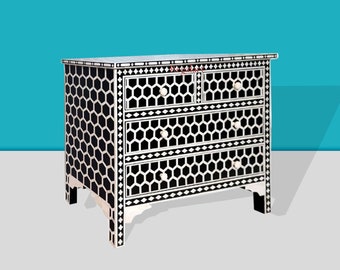 Bone Moroccan Inlay 4 Drawers Chest of Drawers, Bone Inlay Drawers Dresser, Bone Inlay Chest of Drawers, Bone Inlay Furniture Sideboard Unit