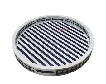 Handmade Bone Inlay Serving Tray Kitchen Platter Floral Round Tray Wooden Inlay Tray Home Decor