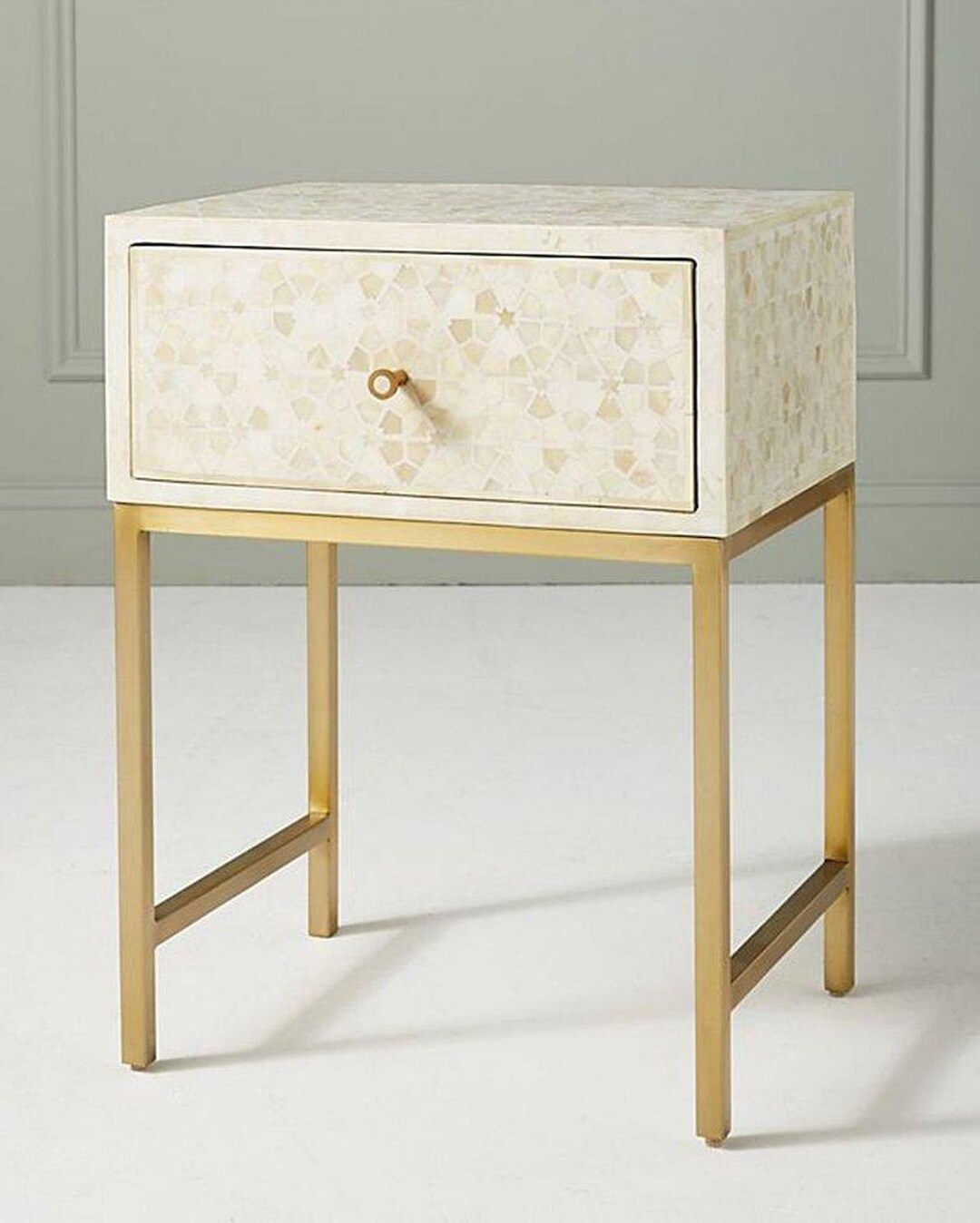 Bone Inlay Unique Design Bedside Table Teal, Bone Inlay Floral Design