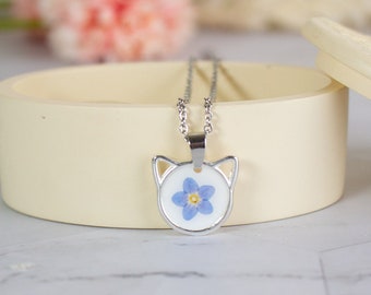 Cat Forget Me Not Necklace | Silver Real Flower Necklace | Blue Dry Flower Necklace