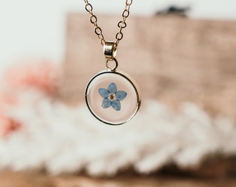 Circle Forget Me Not Necklace | Blue Flower Resin Necklace |  Dry Real Flower Necklace