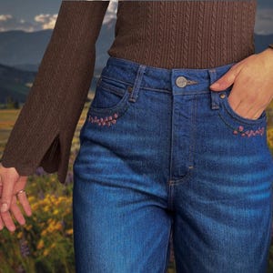 Lavender Floral Hand-Embroidered High-Rise Retro Wrangler Bootcut Jeans image 1