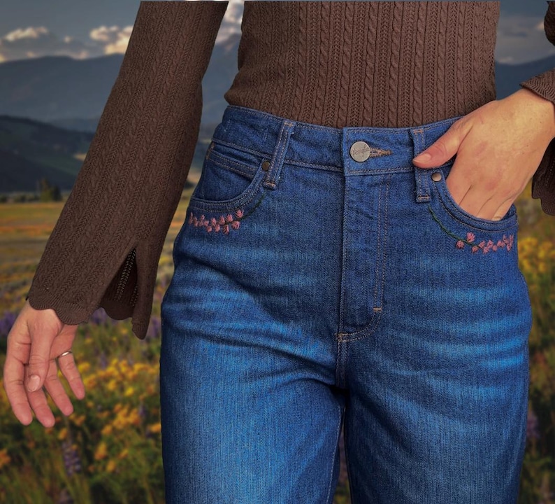 Lavender Floral Hand-Embroidered High-Rise Retro Wrangler Bootcut Jeans image 1