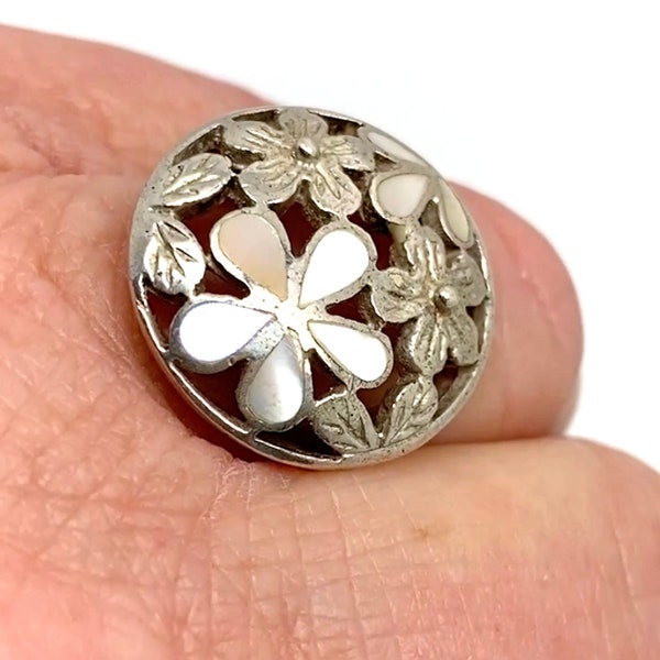 Oversize Mother of Pearl 925 Silver Flower Statement Ring