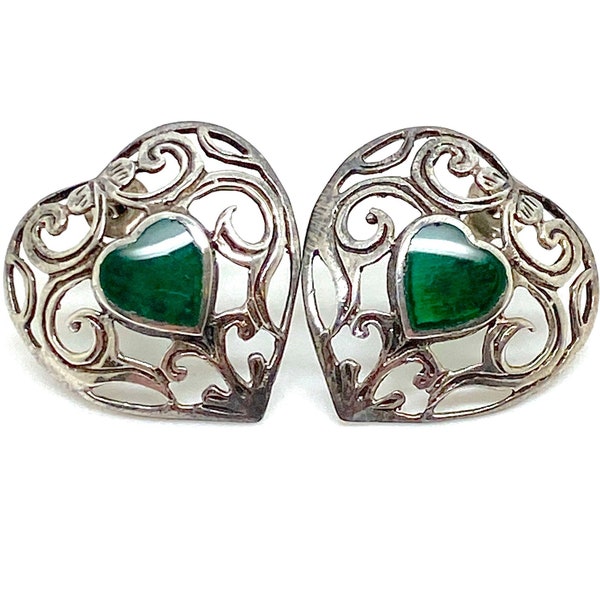 Vintage Ornate Celtic Green Agate  Sterling Silver Earrings