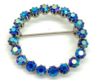 Vintage jaren 1950 blauwe Aurora Borealis Crystal Rhinestone Ring broche