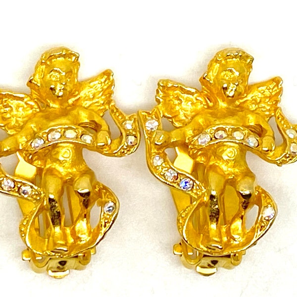 1980s Kirks Folly Golden Angel and Aurora Borealis Crystal Clip Earrings