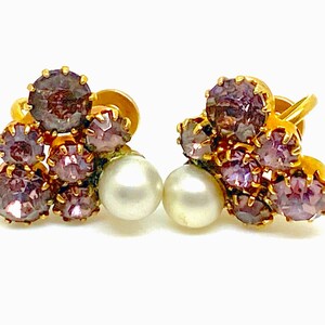 Vintage Amethyst Crystal & Pearl Rolled Gold Screwback Earrings   