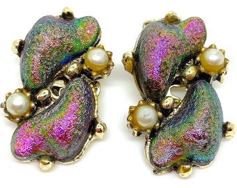 1950's Vintage Aurora Borealis Art Glass and Pearl  Clip Earrings