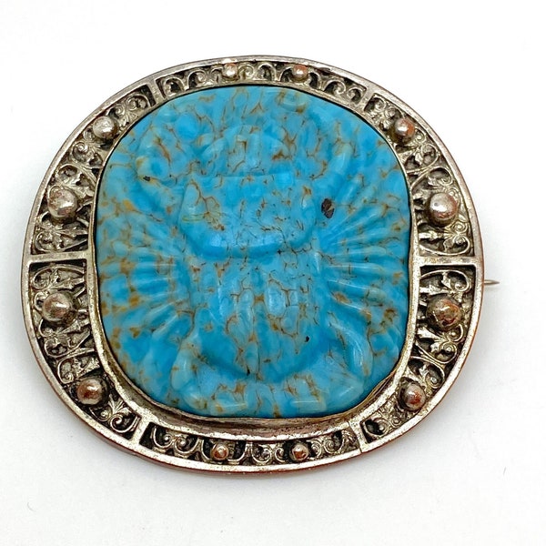 Large 1920s  Art Deco Carved Blue Stone Scarab Brooch