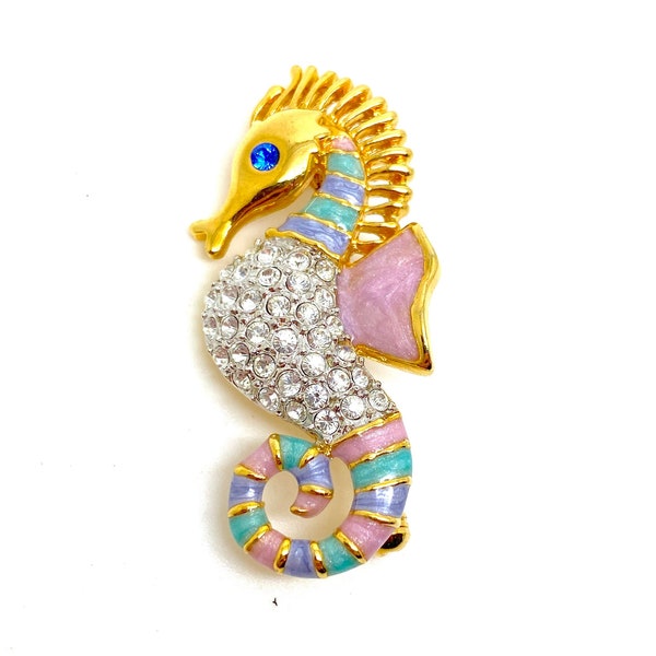 Vintage 1980's Ciro Pink Blue Lilac Enamel and  Crystal Seahorse Brooch