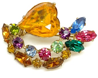 1950's Sweetheart Multi Coloured Glass Crystal Rhinestone Brooch