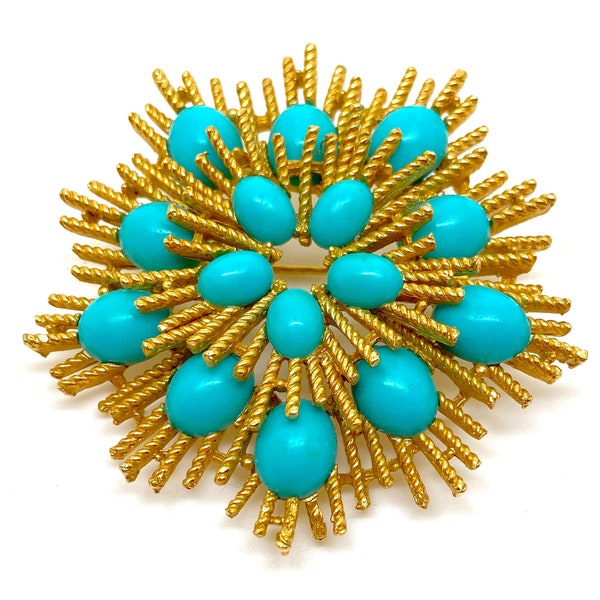 NINA RICCI French Designer Turquoise Blue Brushed Gold Starburst "Azurine" Designed for Avon Brooch Pin