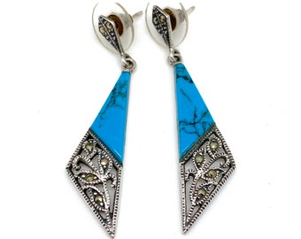 Vintage Turquoise and Marcasite Sterling Silver Drop Dangle Earrings