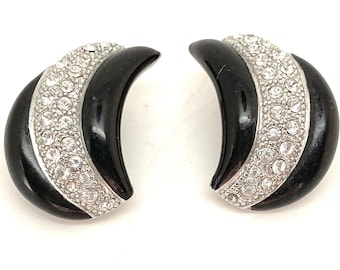 Vintage 1980's Ciro Black Enamel White Crystal Clip Art Deco Earrings - High End Quality