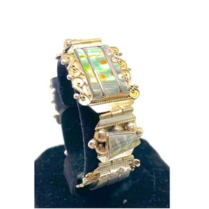 Abalone 925 Sterling Silver Bracelet: Aztec Mask Panels, 7.75&quot;