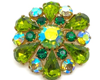 1950's Green Glass Aurora Borealis Crystal Rhinestone Brooch